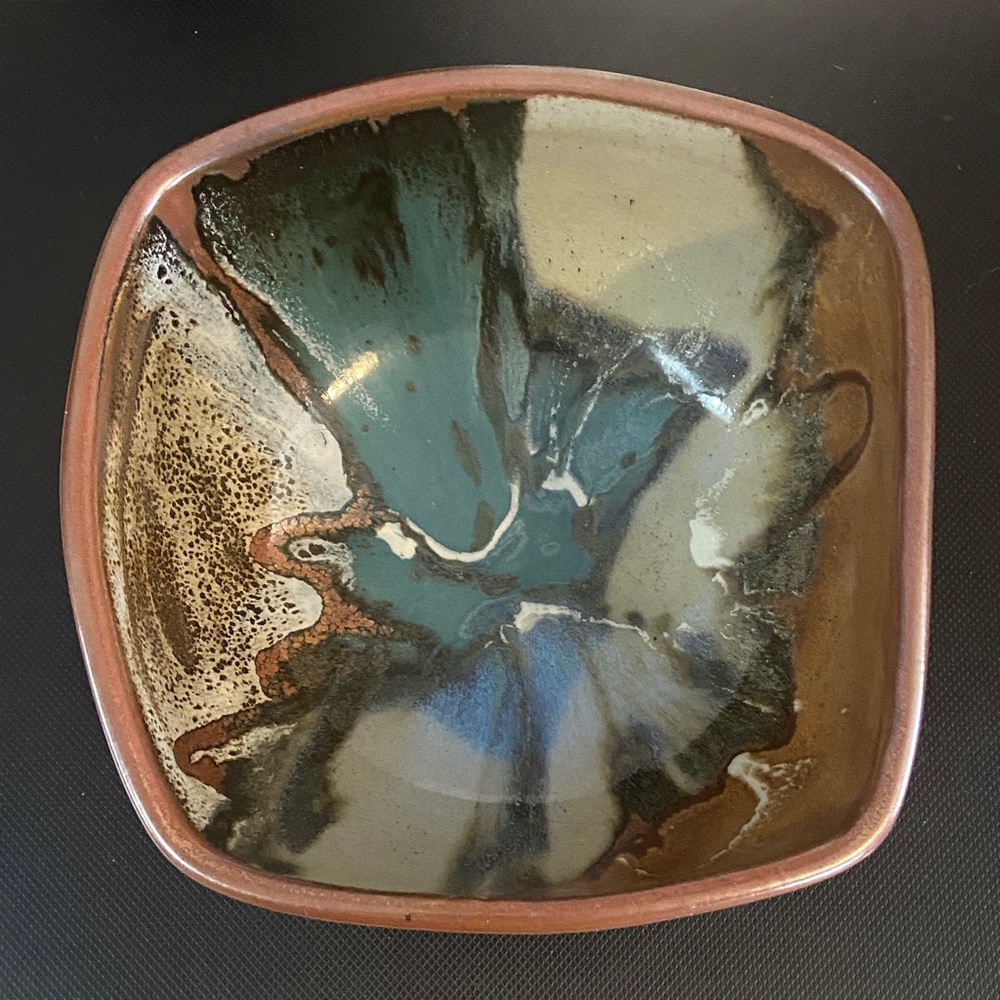 Potters Brown Edom, TX Hand Crafted Ceramic Decorative Bowl Teal Blue White Brwn